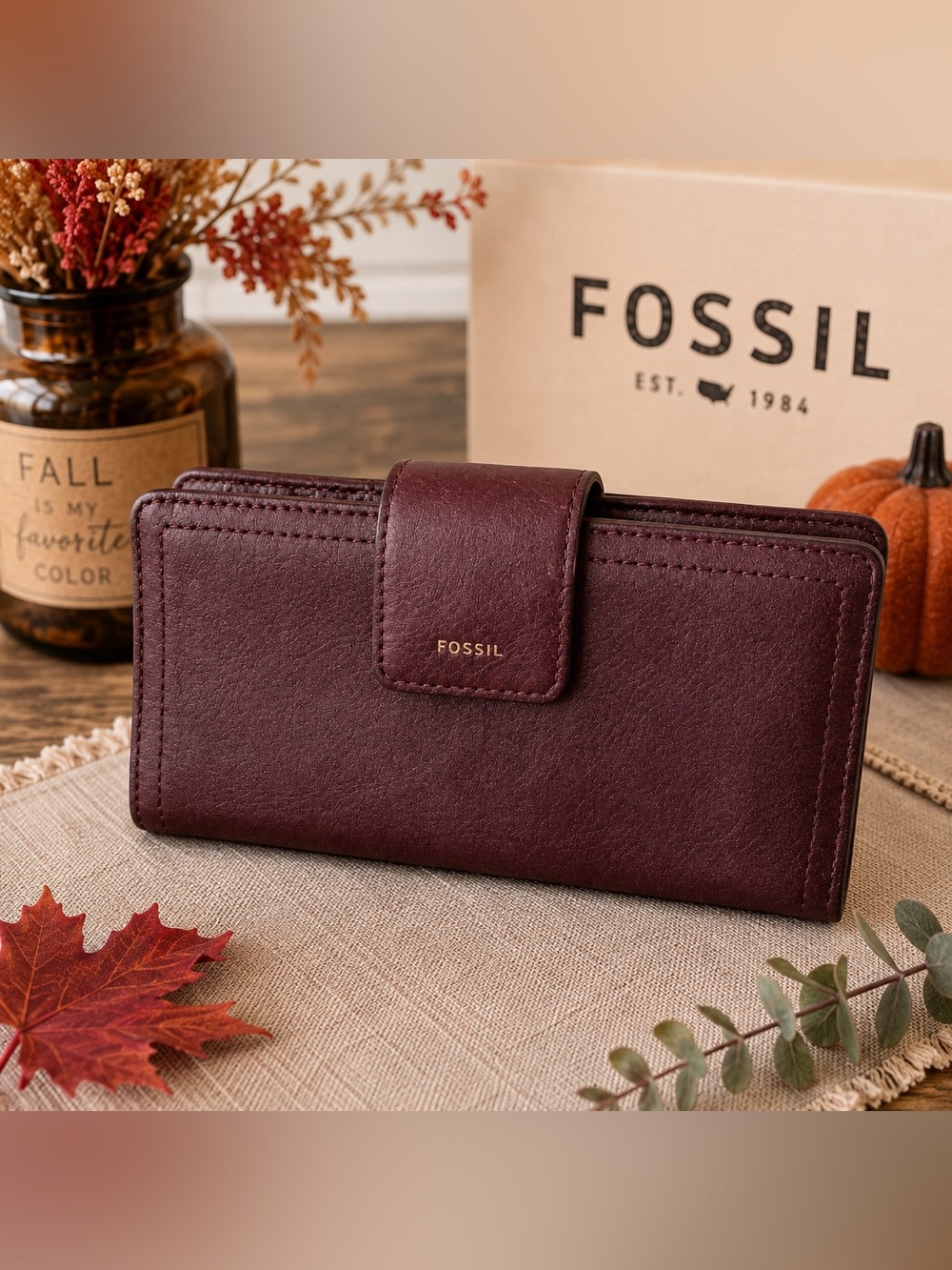 Fossil Burgundy Leather Bifold Wallet Snap Zip Pocket Preloved